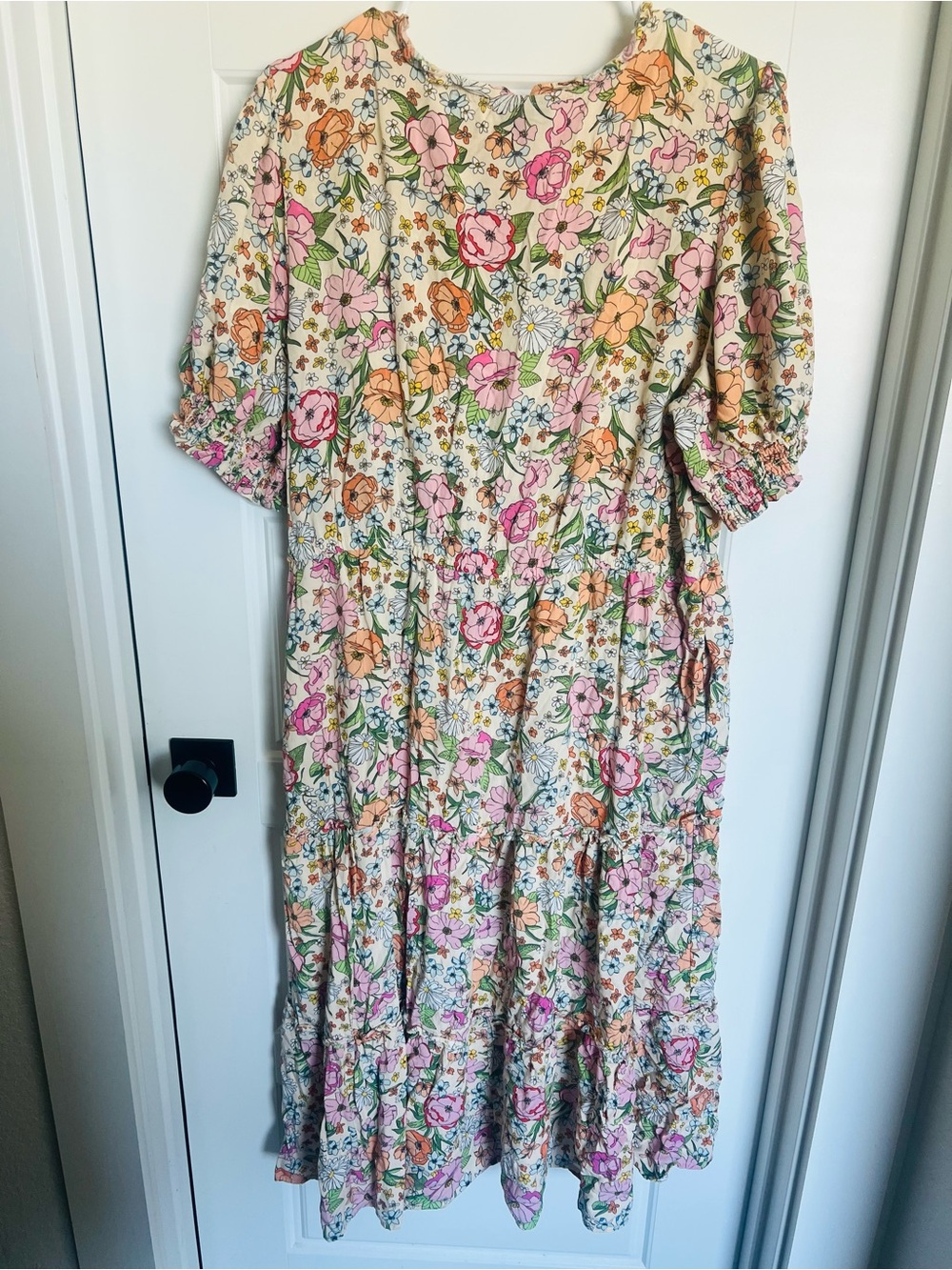 Who What Wear Cream Floral Tie-Neck Dress with Pink, Green & Orange Accents - Picture 6 of 6